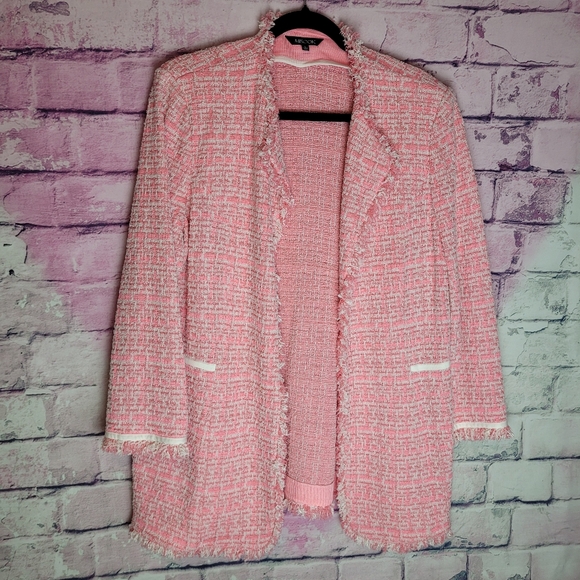 Misook Jackets & Blazers - MISOOK BOUCLE TWEED FRINGE TRIM PINK HEAVIER LAYERING DRESS JACKET LARGE